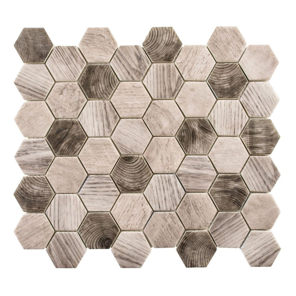SAMPLE-Terrain Oslos Brown 2-in. Honeycomb Wood Look Matte Glass Mosaic Wall & Floor Tile