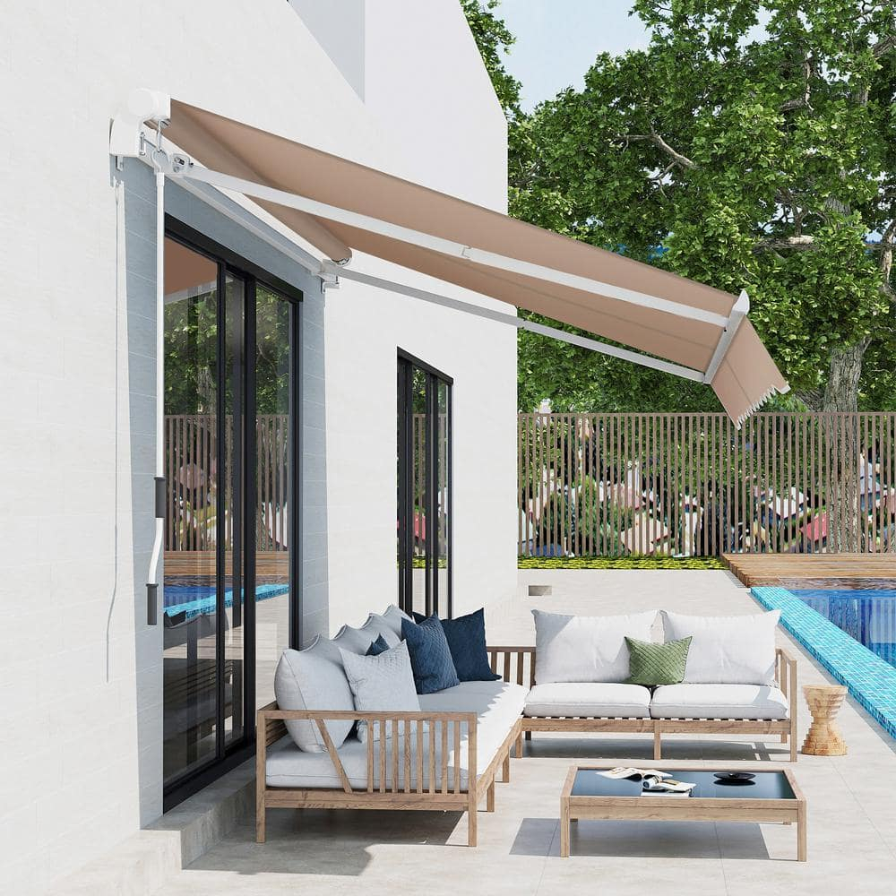 8' X 7' Patio Retractable Awning, Manual Exterior Sun Shade Deck Window Cover, Brown