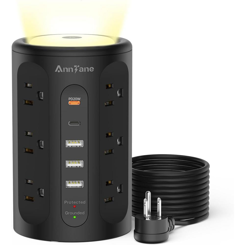 Power Strip Tower with Night Light, Power Strip Surge Protector with USB Ports, Extension Cord 10 FT with Multiple Outlets (12AC+3A+2C) for Home Office Desk DormRoom (Black)
