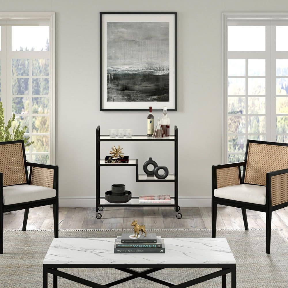 Evelyn&Zoe Lovett 33" Wide Rectangular Bar Cart with Glass Shelves, Blackened Bronze