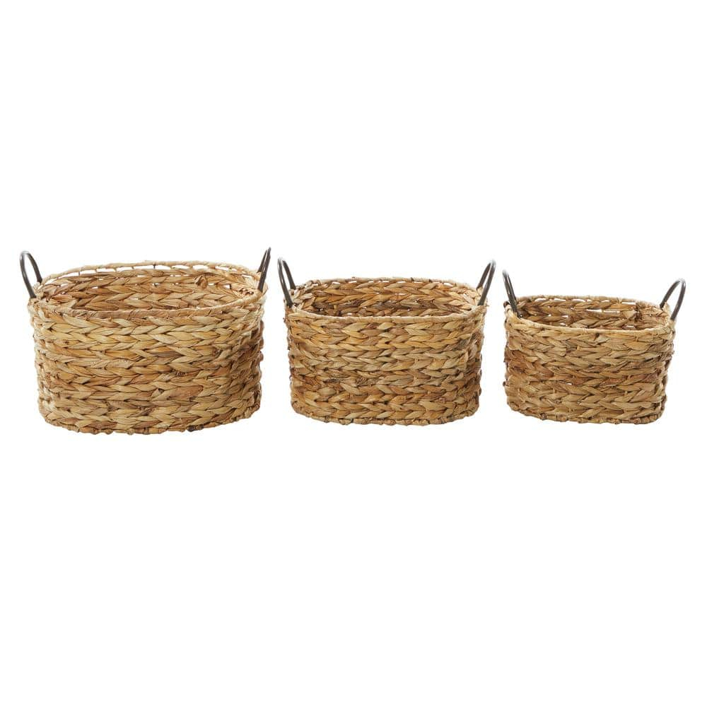 DecMode 16", 13", 11"W Brown Metal Handmade Storage Basket with Metal Handles, 3-Pieces