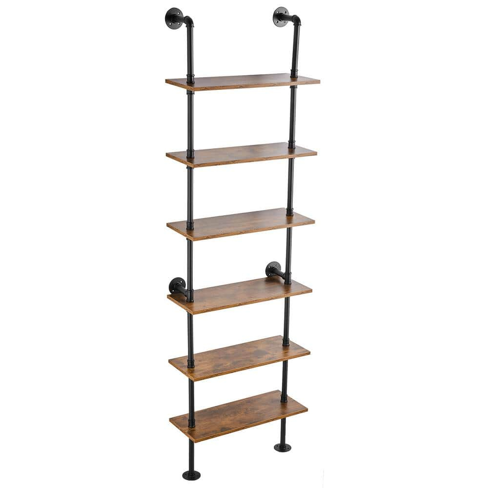 VEVOR Industrial Pipe Shelf, 6 Tier 24x9.84in, Wall-Mount Floating Rustic Wood Shelves Bracket Display Bookshelf, Storage Rack Sundries Holder for Kitchen Bedroom Bathroom Living Room, Black