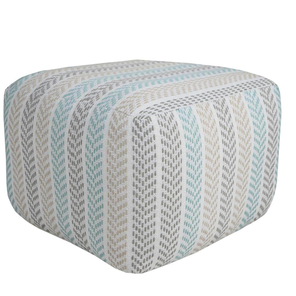 LR Home Small Chevron Indoor Square Pouf, Beige/Turquoise, 18" x 18" x 14"