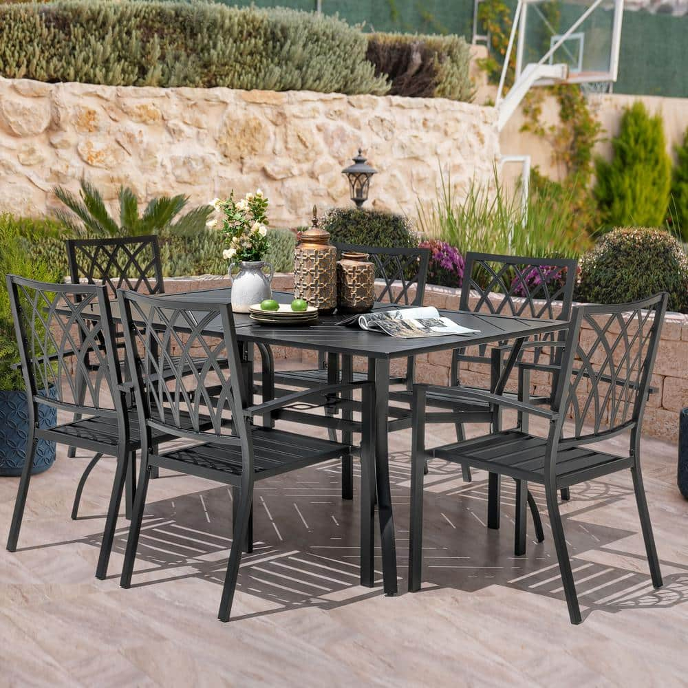 Nuu Garden Outdoor 7-Piece Iron Dining Set with 1.77'' Umbrella Hole