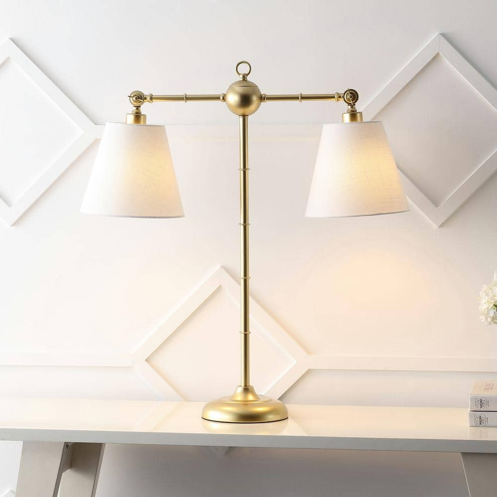 Gold Adjustable Dual White Shade Library Table Lamp