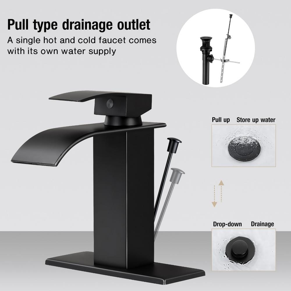 KZH Vessel Sink Faucet, Matte Black Tall Waterfall Spout Bathroom Faucet,Single Handle Bathroom Sink Faucet for 1 Hole Mixer Tap Washbasin Vanity Faucet with Pop-up Drain and Supply Hoses