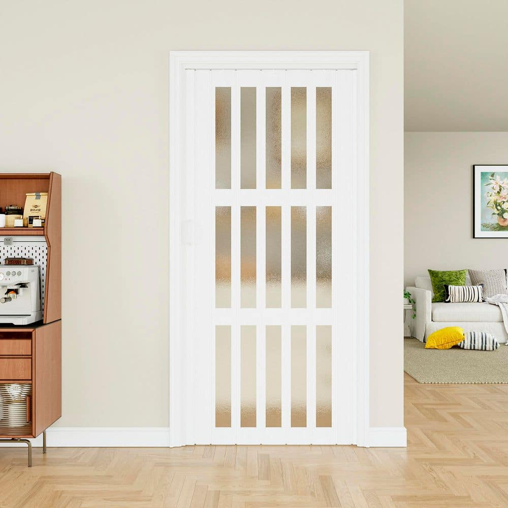 Upgrade Dual Layer Vinyl Accordion Door with Handles and Magnetic Door Lock, 4-Lite Frosted Acrylic Glass, White