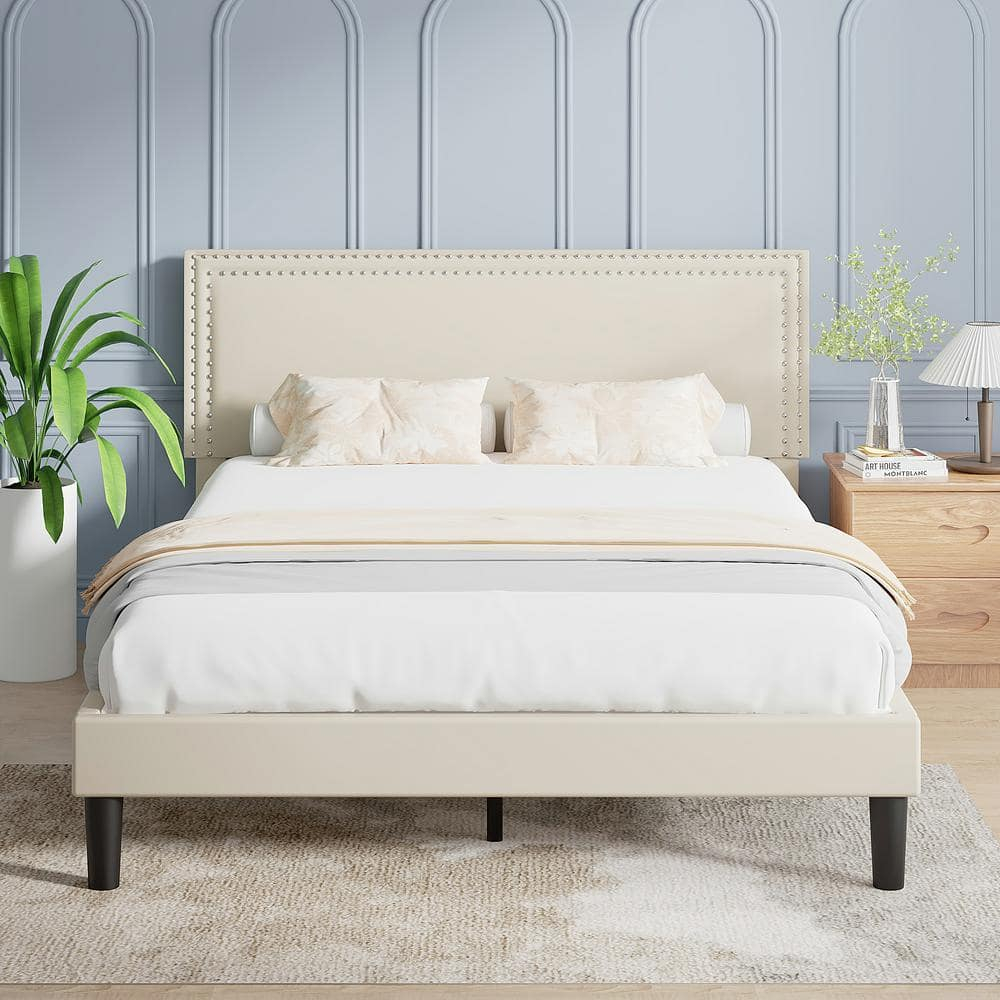 Katkuca Queen Bed Frame, Upholstered Queen Size Platform Bed Frame with Adjustable Headboard, Strong Wood Slat Support, No Box Spring Needed, Beige