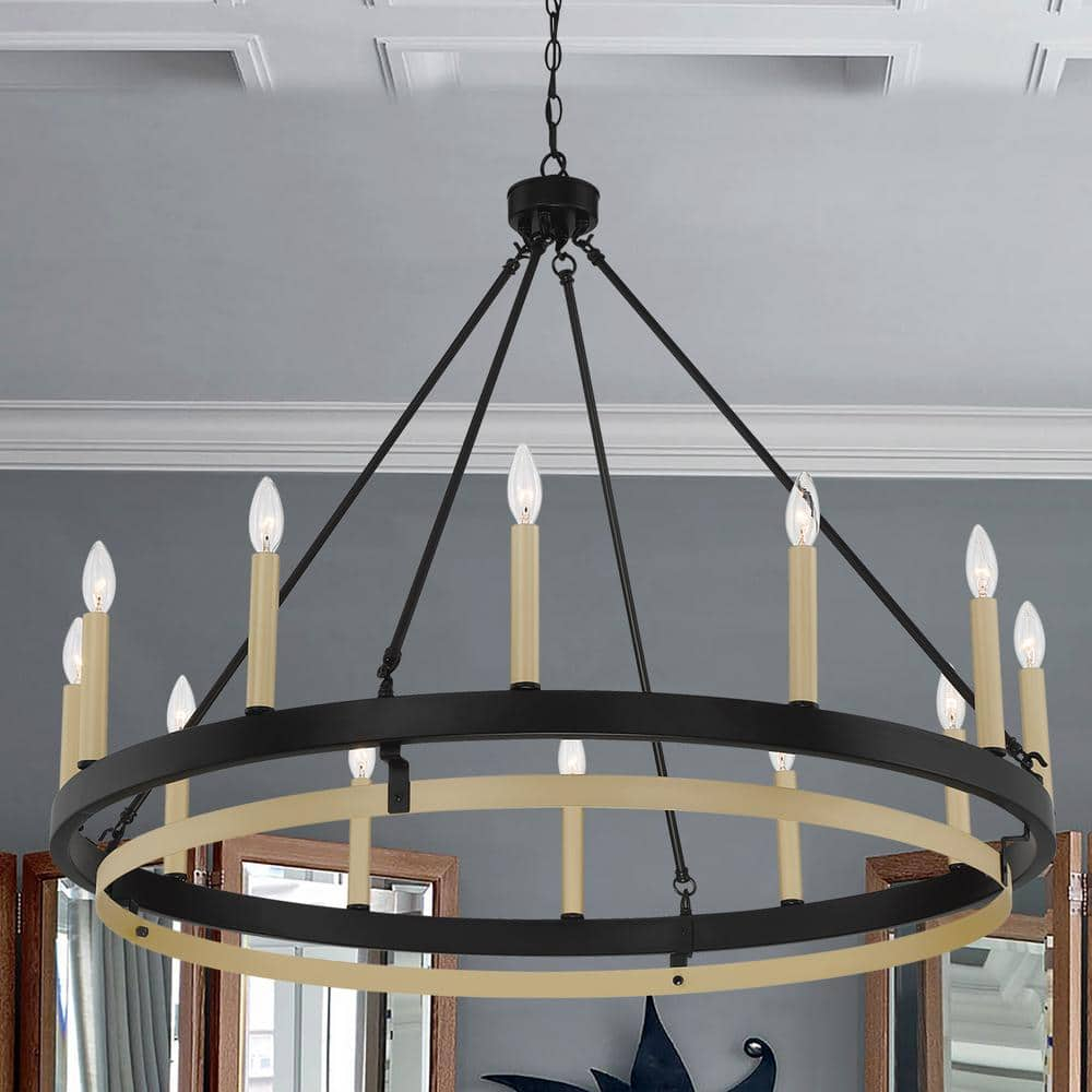 Vanity Art 12-Lights Candle Style Wagon Wheel Chandelier Lighting Farmhouse Candle Ceiling Light Fixtures for Living Room Kitchen Dining Room - 10552TW-BK-BD