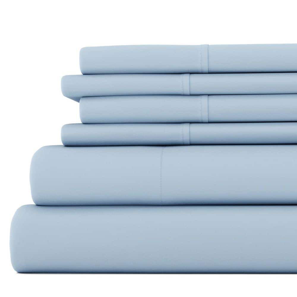 Queen, Light Blue Solid Microfiber 6 Piece Bed Sheet Set, by Noble Linens