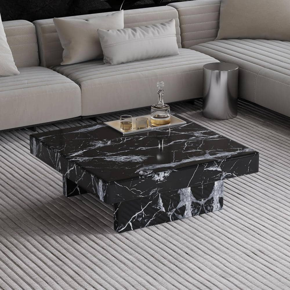 Sudica Compact Marble Coffee Table, 31" Square Center Table with Stainless Steel Storage for Living Room(Black)