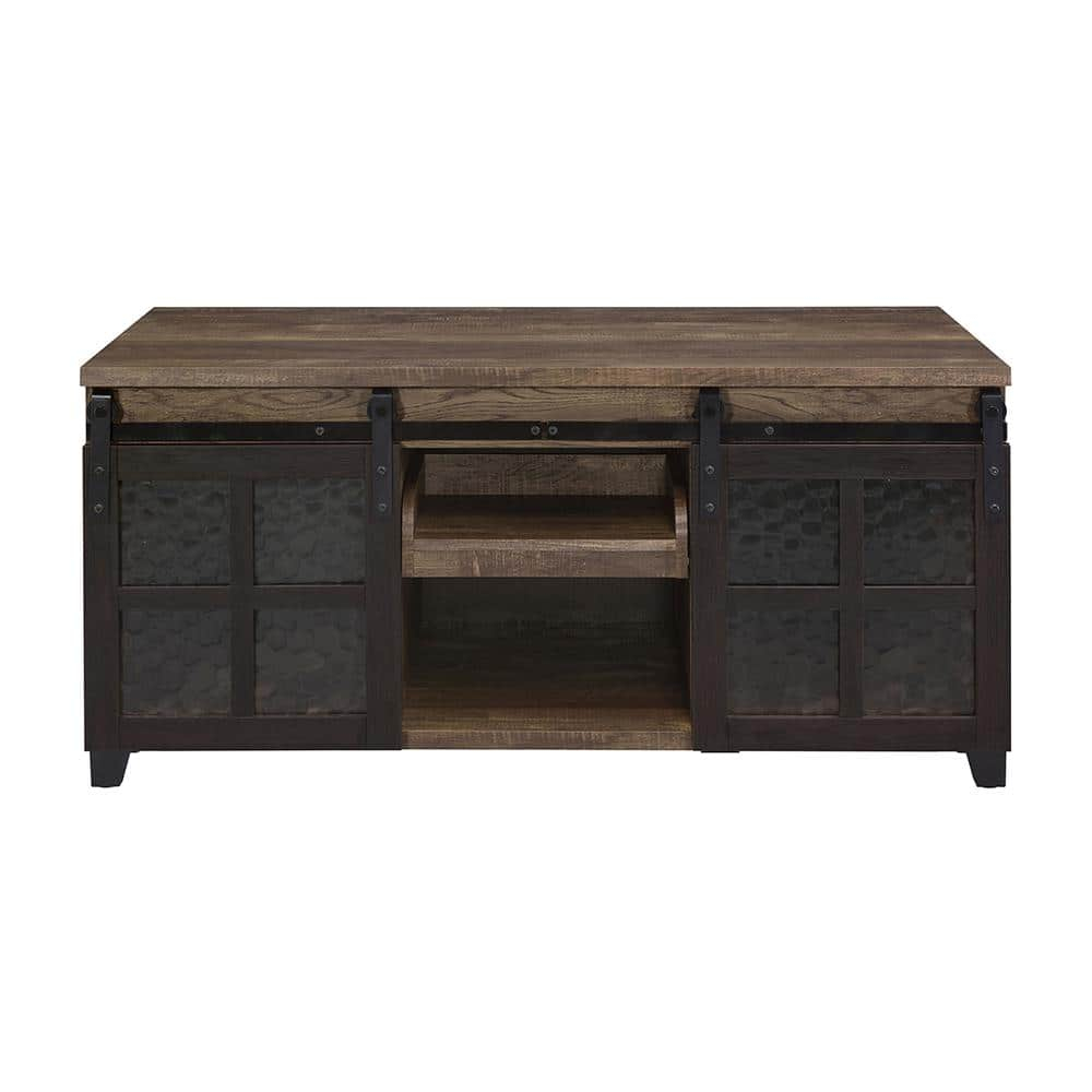 DremFaryoyo Nineel Coffee Table  Obscure Glass  Rustic Oak & Black Finish 87955