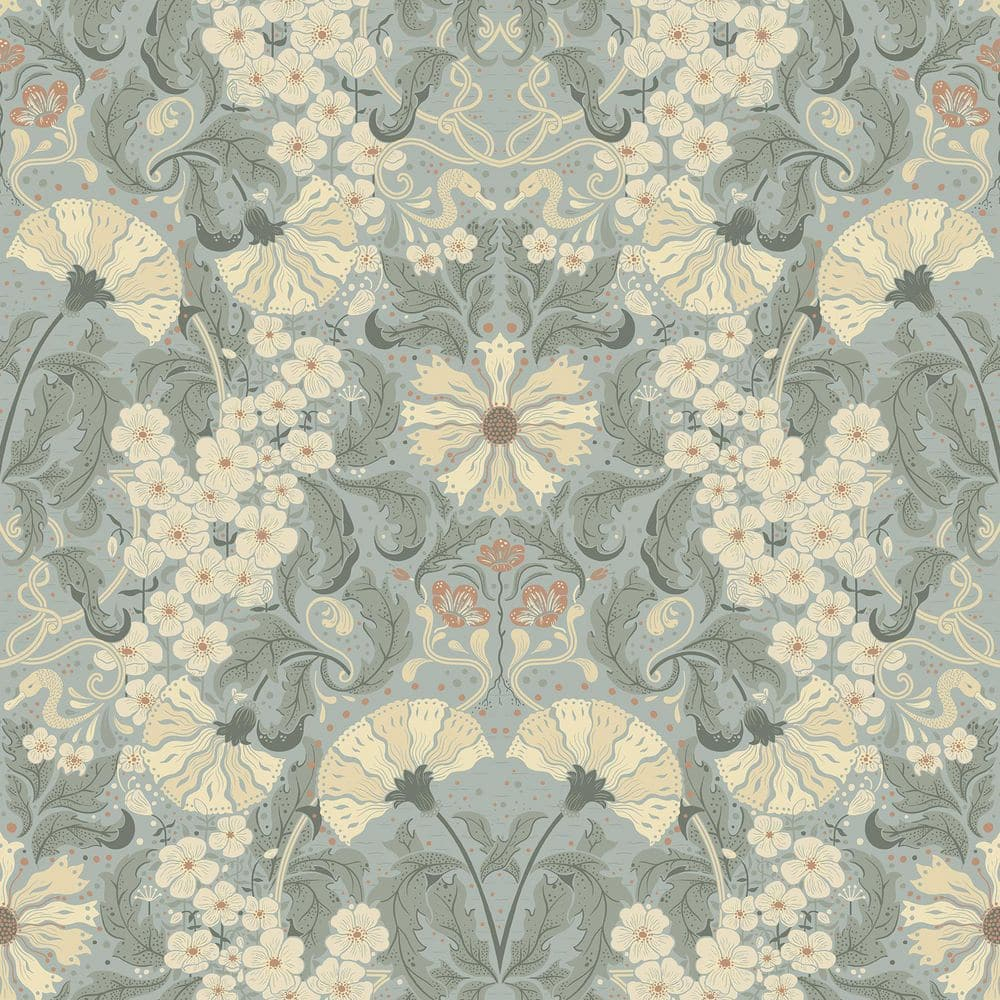 Light Blue and Beige Damask Floral Wallpaper Roll