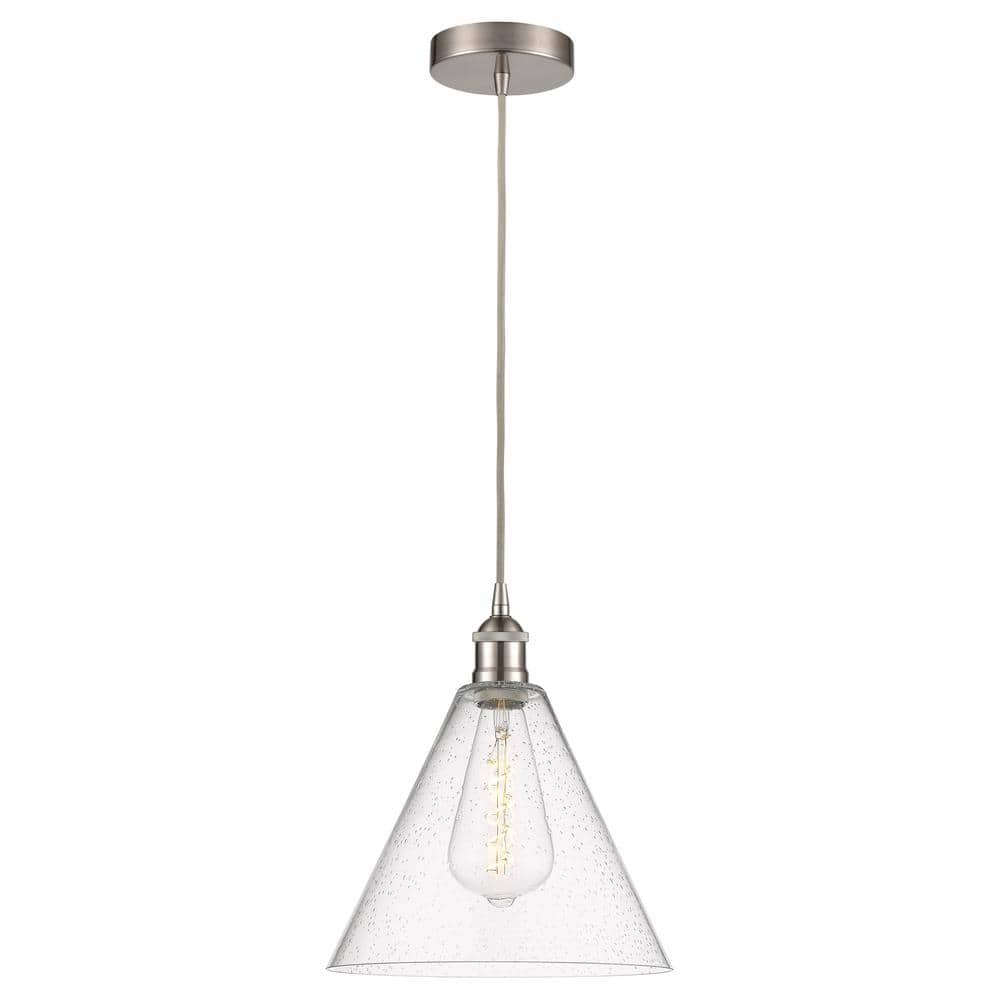 Edison Glass Cone 60-Watt 1-Light Brushed Satin Nickel Standard Mini Pendant Light with Seeded Glass Shade