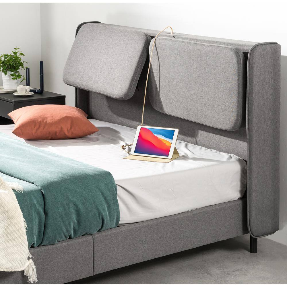 Zinus 41" Avery Platform Bed, Reclining Fabric Headboard and USB Ports, Grey, Full