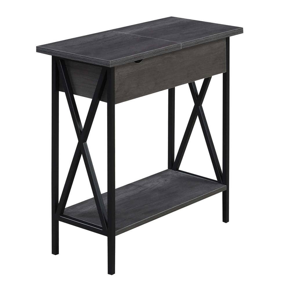 Convenience Concepts Tucson Flip Top End Table with Charging Station and Shelf, Charcoal Gray/Black