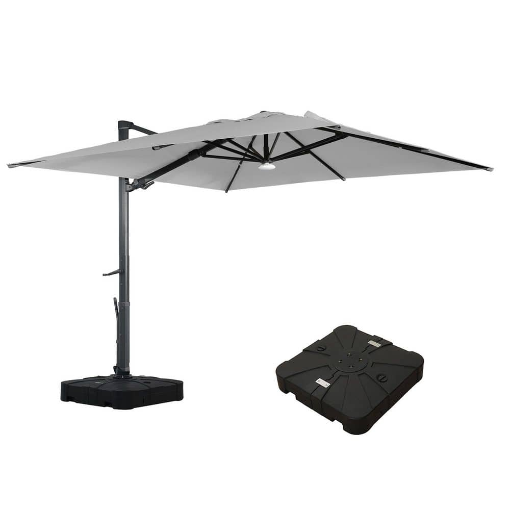 10ft Square Solar LED Cantilever Patio Umbrella with Bluetooth Light for Outdoor Shade Grey with base B