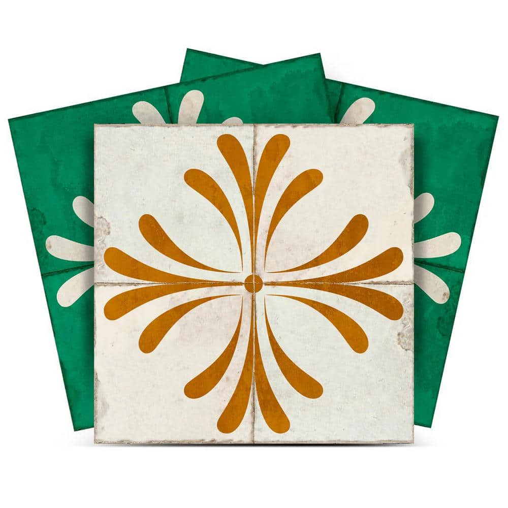 Mi Alma Green Beige Gold Vintage Flower Peel & Stick Tiles - Vinyl Backsplash 8x8