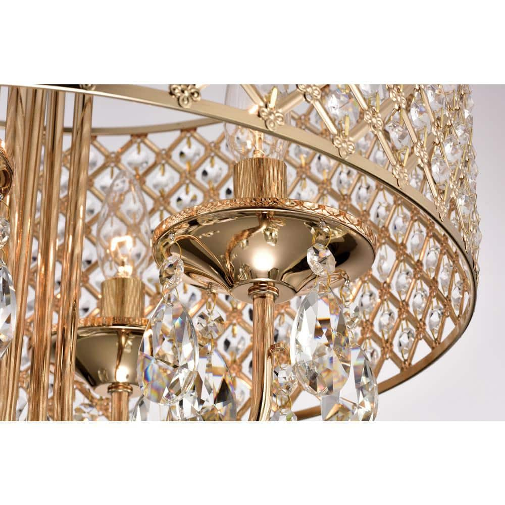 EDVIVI LIGHTING Round Beaded Drum Chandelier with Hanging Crystals Gold 4 17" Gold