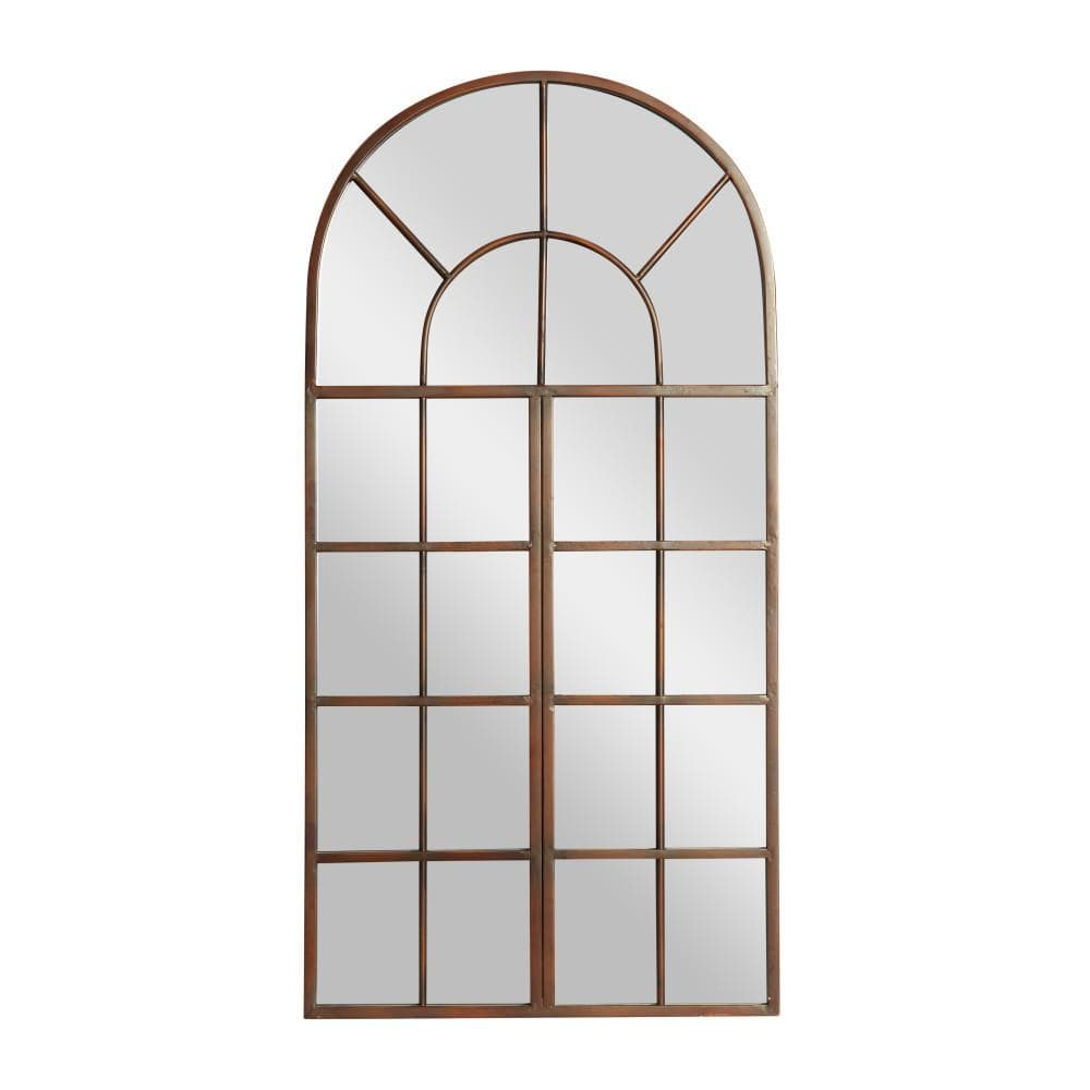 DecMode 24" x 48" Brown Window Pane Inspired Wall Mirror with Arched Top