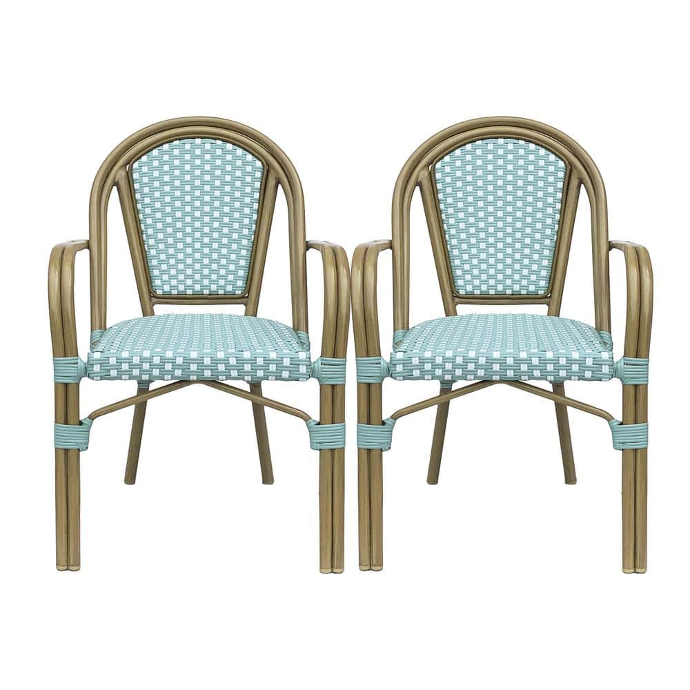 Cecil Aluminum and Wicker Outdoor French Bistro Chairs, Set of 2, Light Teal, White, and Wood Print