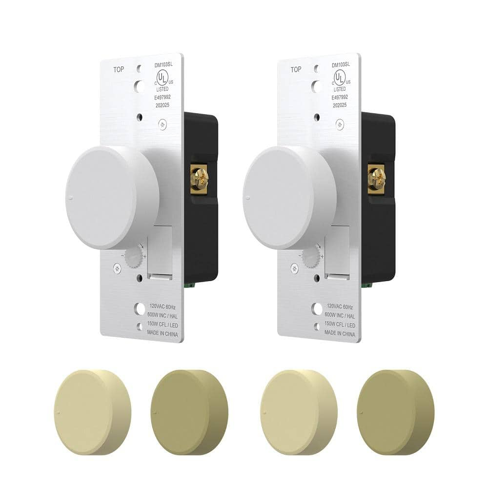 ELEGRP Push Button Rotary Dimmer Switch with Night Indicator Light, Push On/Off, Single Pole/ 3-Way, White/Ivory/light Almond Knobs Included(2 Pack)