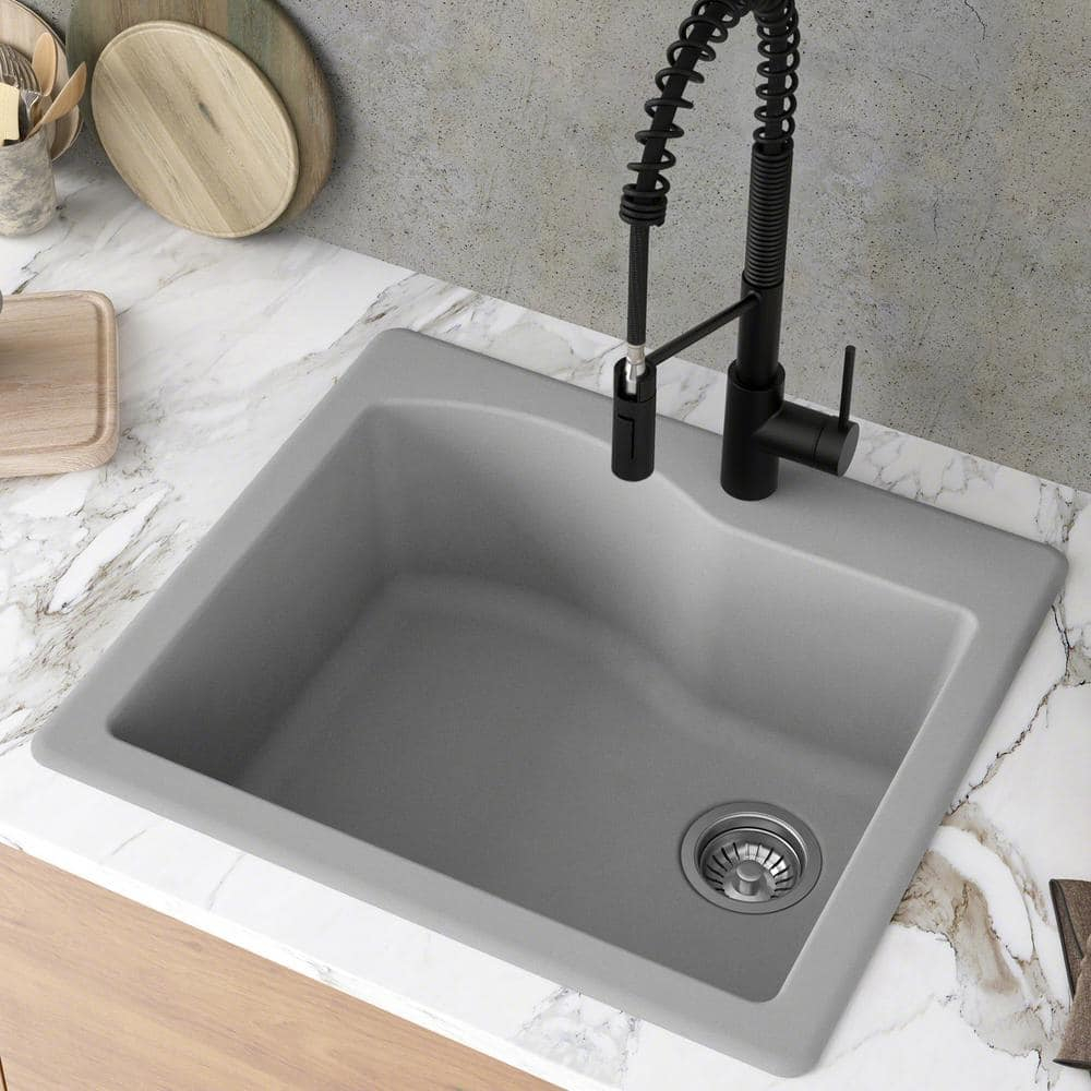 Kraus Quarza 25 Dual Mount Single Bowl Granite Kitchen Sink and Strainer in Grey