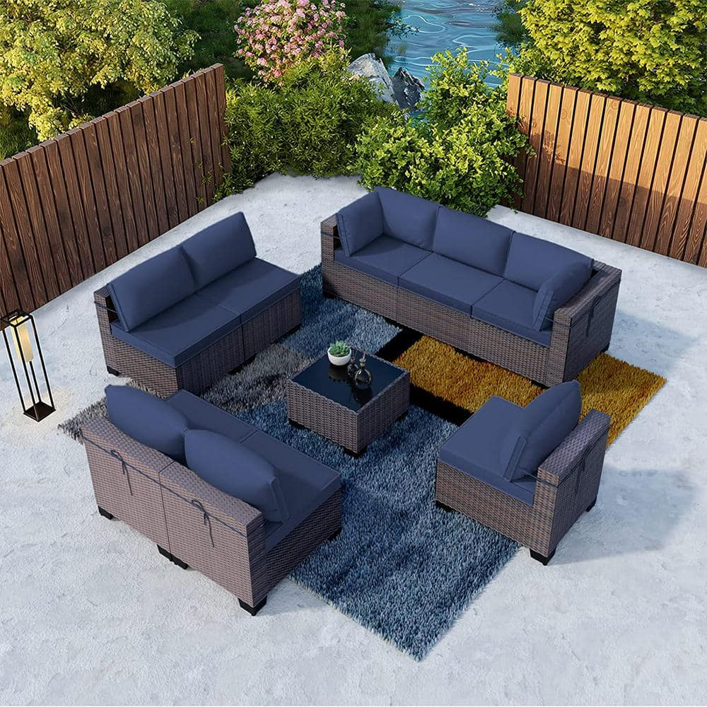Kullavik 9 Pieces Outdoor Patio Furniture Set Outdoor Sectional Rattan Sofa Set Brown Manual Wicker Patio Conversation Set with Navy Blue Cushions,1 Tempered Glass Tea Table and Cushions Covers