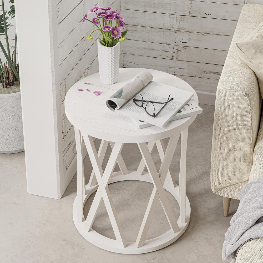 COZAYH Farmhouse End Table, Rustic Round Side Table with X-Motifs Legs, Wood Textured Top, for Boho, French Country Decor, Antique White