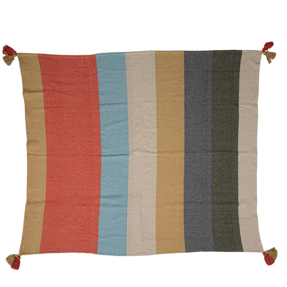 Creative Co-Op Woven Cotton Blend Throw with 8 Stripes and Tassels, Multicolor