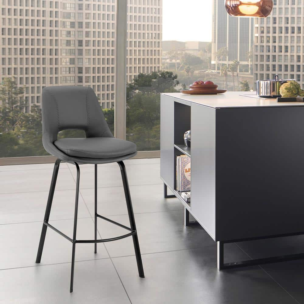 Armen Living Indoor Carise Gray Faux Leather and Black Metal Swivel 26" Counter Stool