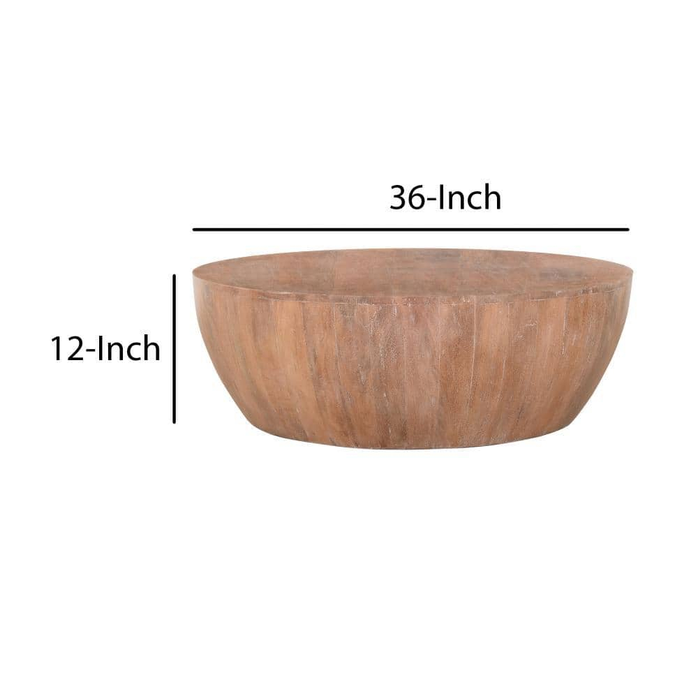The Urban Port Drum Shape Wooden Coffee Table with Plank Design Base, Distressed Brown