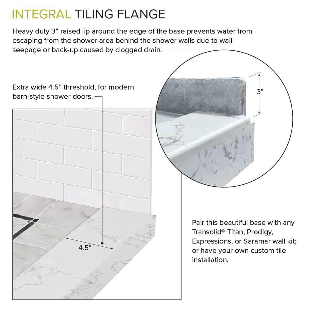 White Marble Pre-Tiled 60" x 36" Shower Base with Right-Hand Drain