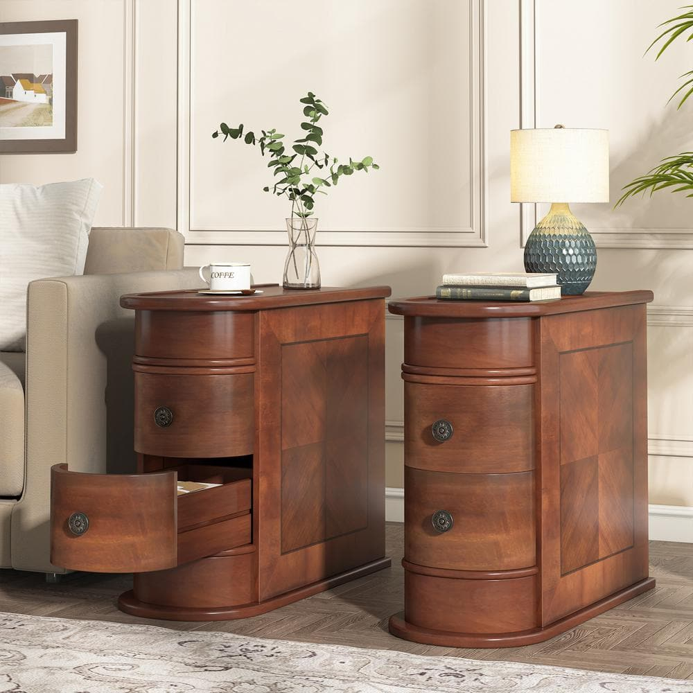 Tribesigns Solid End Table, Set of 2, Two-Drawer Narrow Side Table, Fully Assembled, Brown