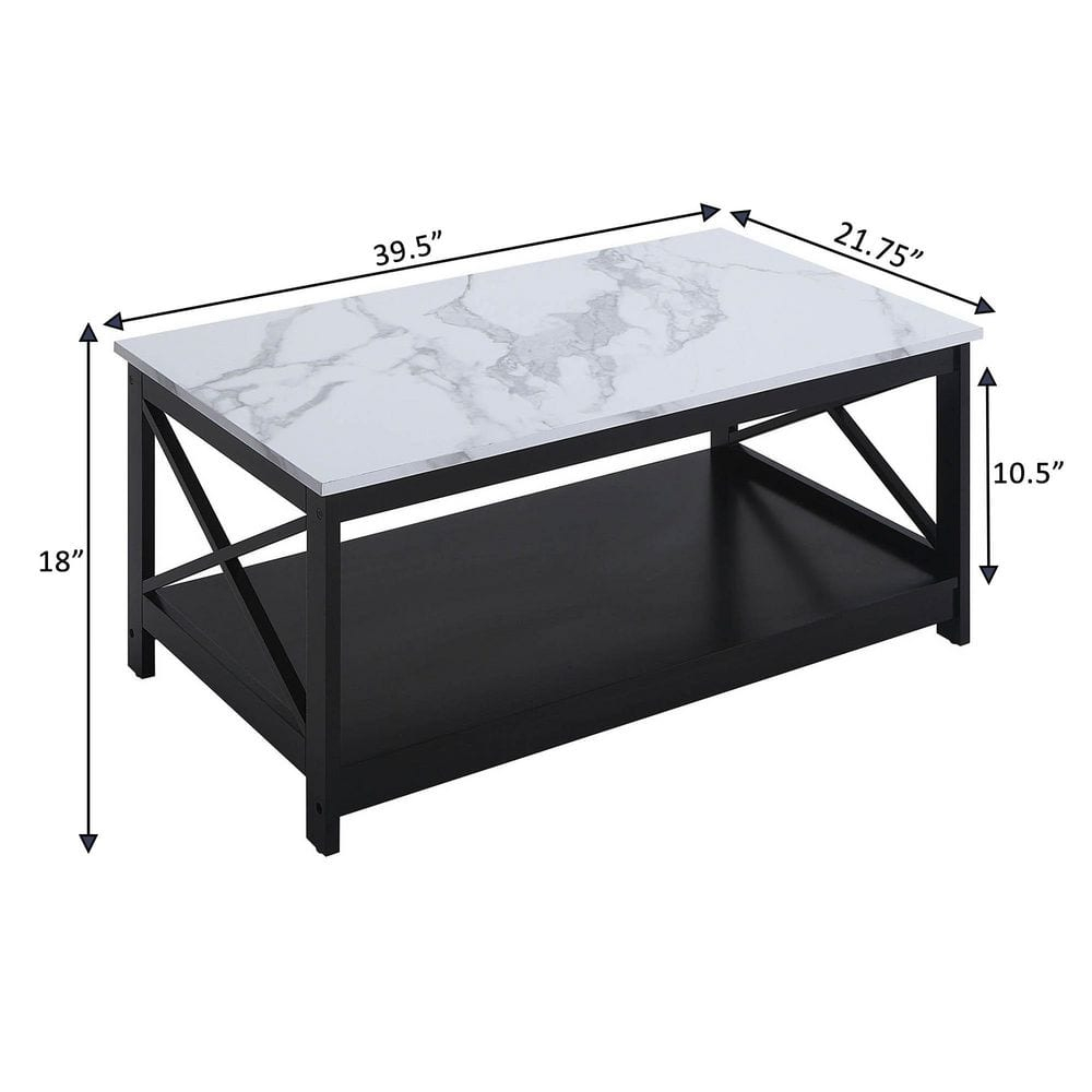 Convenience Concepts Oxford Coffee Table with Shelf, White Faux Marble/Black