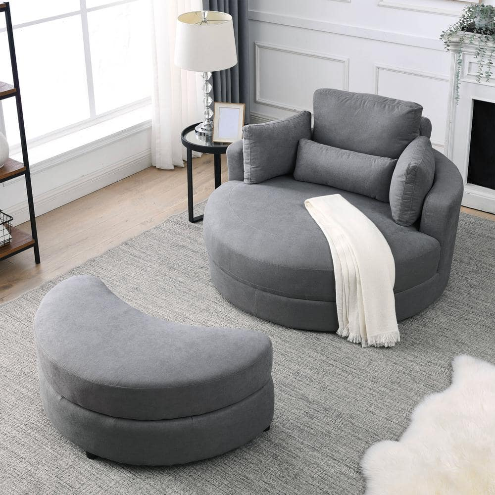 Modern 51" Oversized Swivel Accent Barrel Chair with Storage Ottoman, Club Big Round Cuddle Chair Sofa Lounge for Living Room Hotel Corner Reading (Linen Dark Gray)
