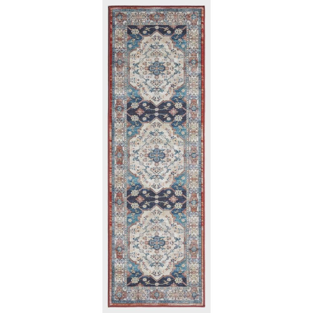 Ocean Medallion Navy 3 ft. x 9 ft. Machine Washable Traditional Indoor Area Rug