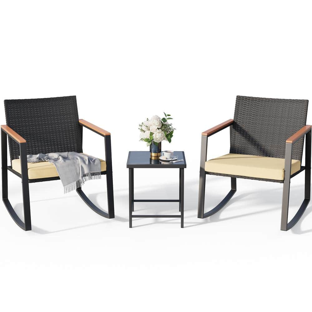 Lofka Patio Furniture Set with Tea Table 3 Pieces Outdoor Wicker Rocking Chairs Set for Porch & Garden, Beige Cushion