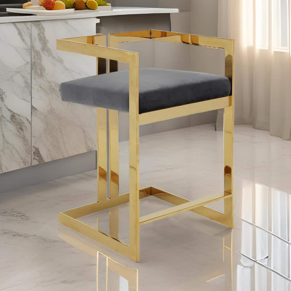 Benjara Suki 26 Inch Barstool Chair, Gray Velvet Seat, Stainless Steel, Gold Finish