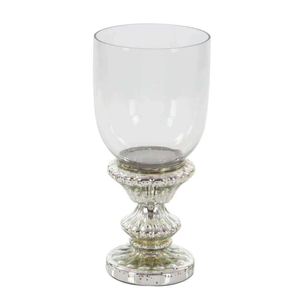 DecMode Silver Glass Handmade Turned Style Pillar Hurricane Lamp with Faux Mercury Glass Finish