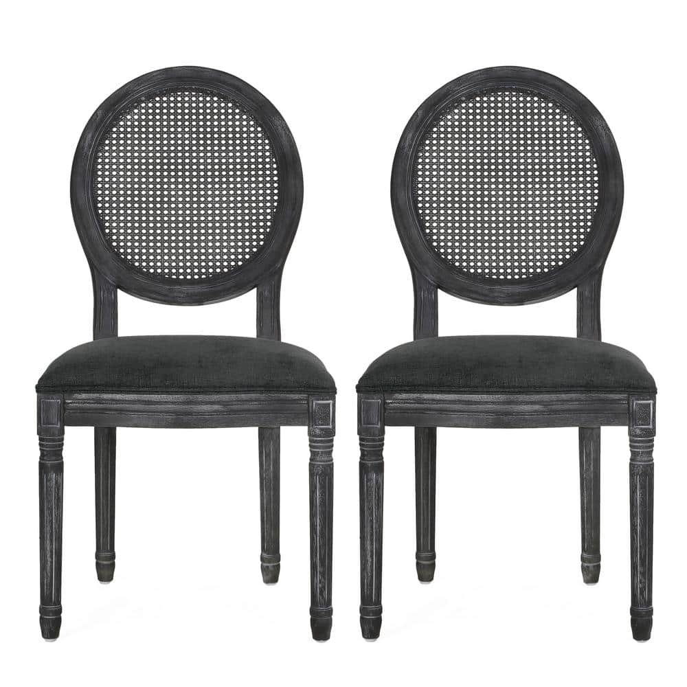Noble House Acorn French Wood and Cane Upholstered Dining Chair, Set of 2, Gray