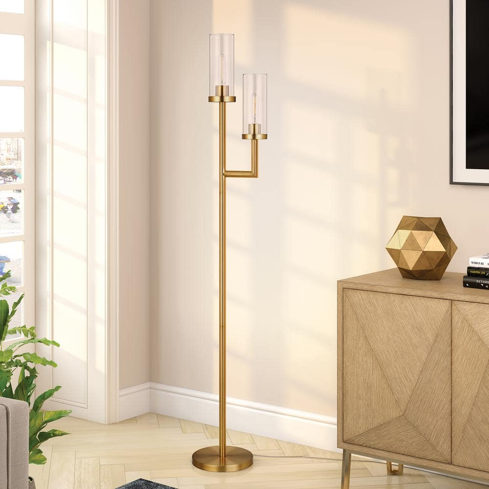 Evelyn&Zoe Basso 2-Light Torchiere Floor Lamp with Glass shade in Brass/Clear