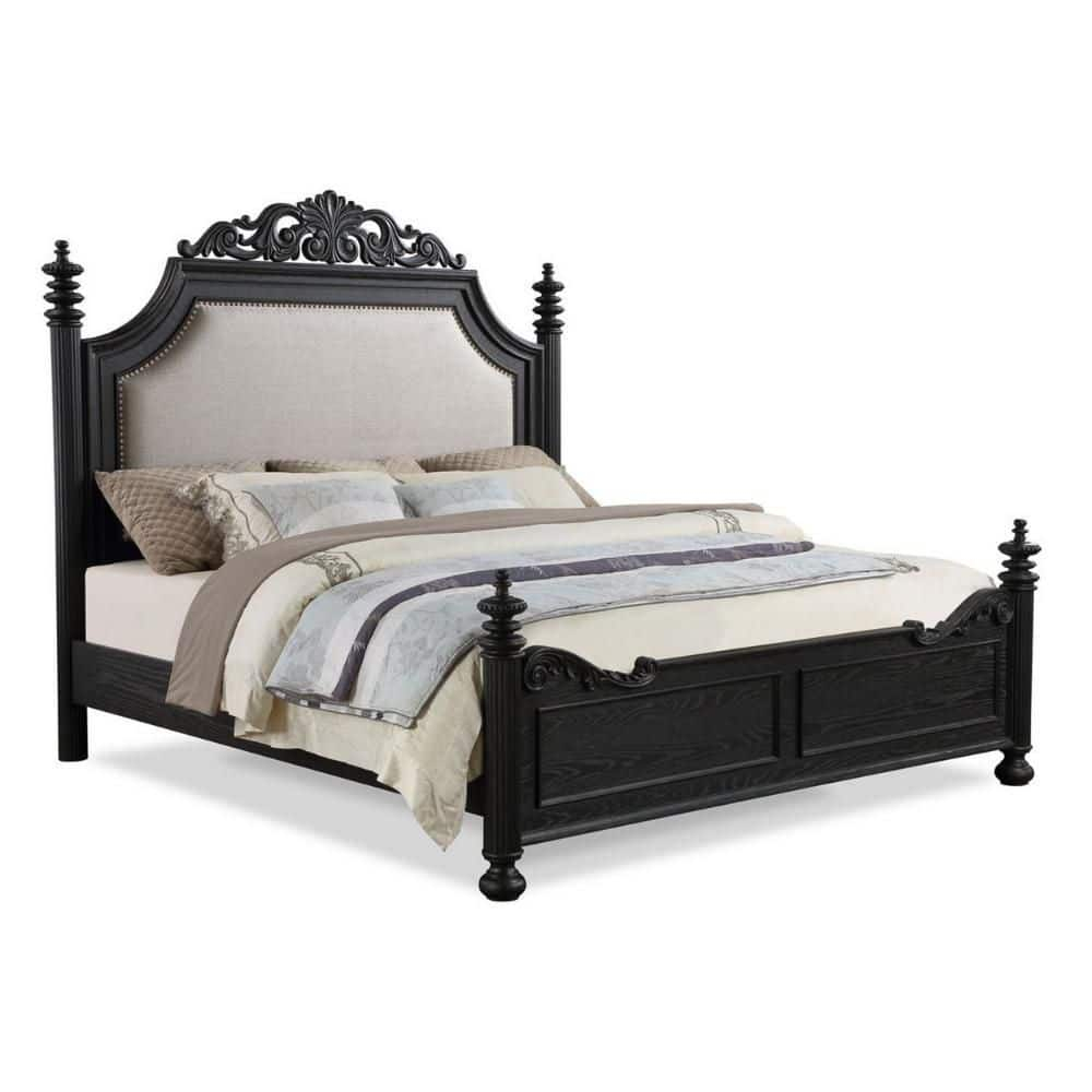 Berry King Black Wood Bed with Cream Upholstered Headboard
