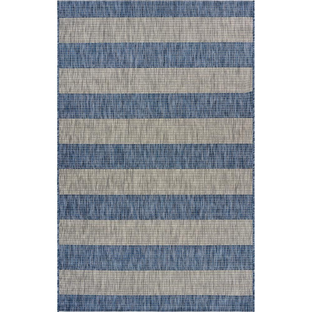 LR Home Camila 7'9" x 9'9", Gray/Blue Stripe Fade, Stain, and Moisture Resistant Indoor/Outdoor Area Rug