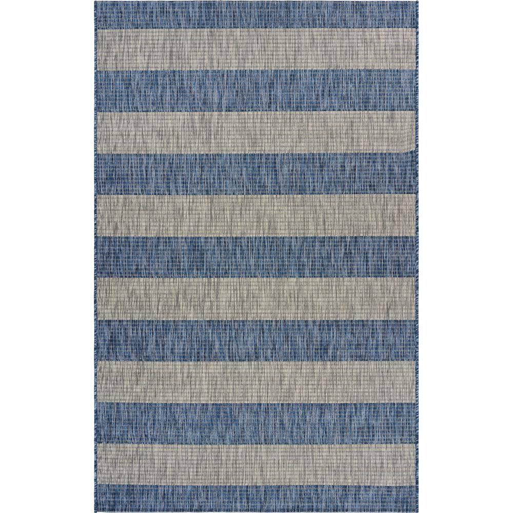 LR Home Camila 5' x 7', Gray/Blue Stripe Fade, Stain, and Moisture Resistant Indoor/Outdoor Area Rug
