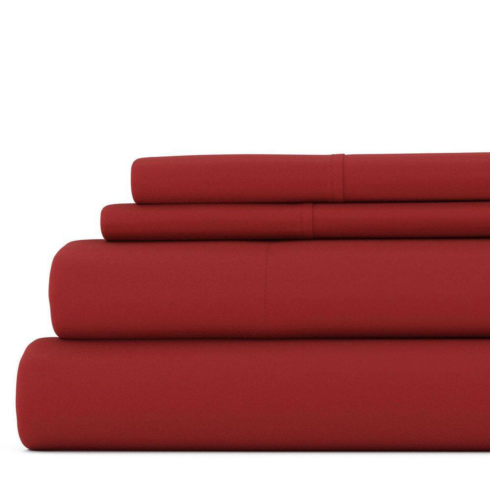 4-Piece Burgundy Solid Microfiber 300 Thread Count Queen Sheet Set