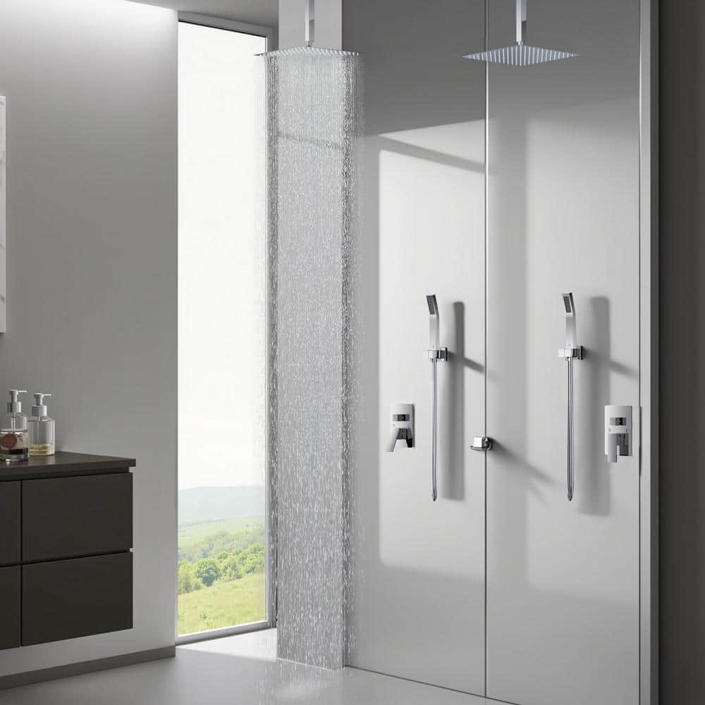 FORIOUS Shower Head System, 12 Inch Rain Shower Faucet Set with Handheld Spray Combo Rough-in Valve, Solid Brass Pressure Balanced Valve Trim Kit, Ceiling Mount, Chrome