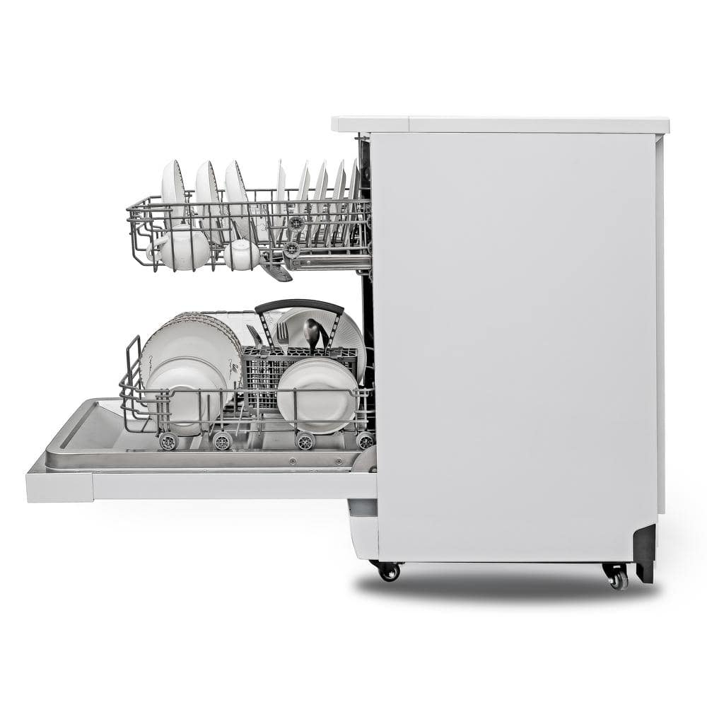 White Compact Portable Dishwasher with Stainless Steel Tub and Casters