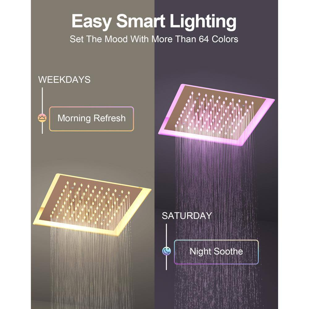 GRANDJOY RGB LED 5-Spray Shower System Ceiling Mount 12 in. Fixed and Handheld Shower Head Shower Faucet Set Thermostatic Valve Kit Rose Gold