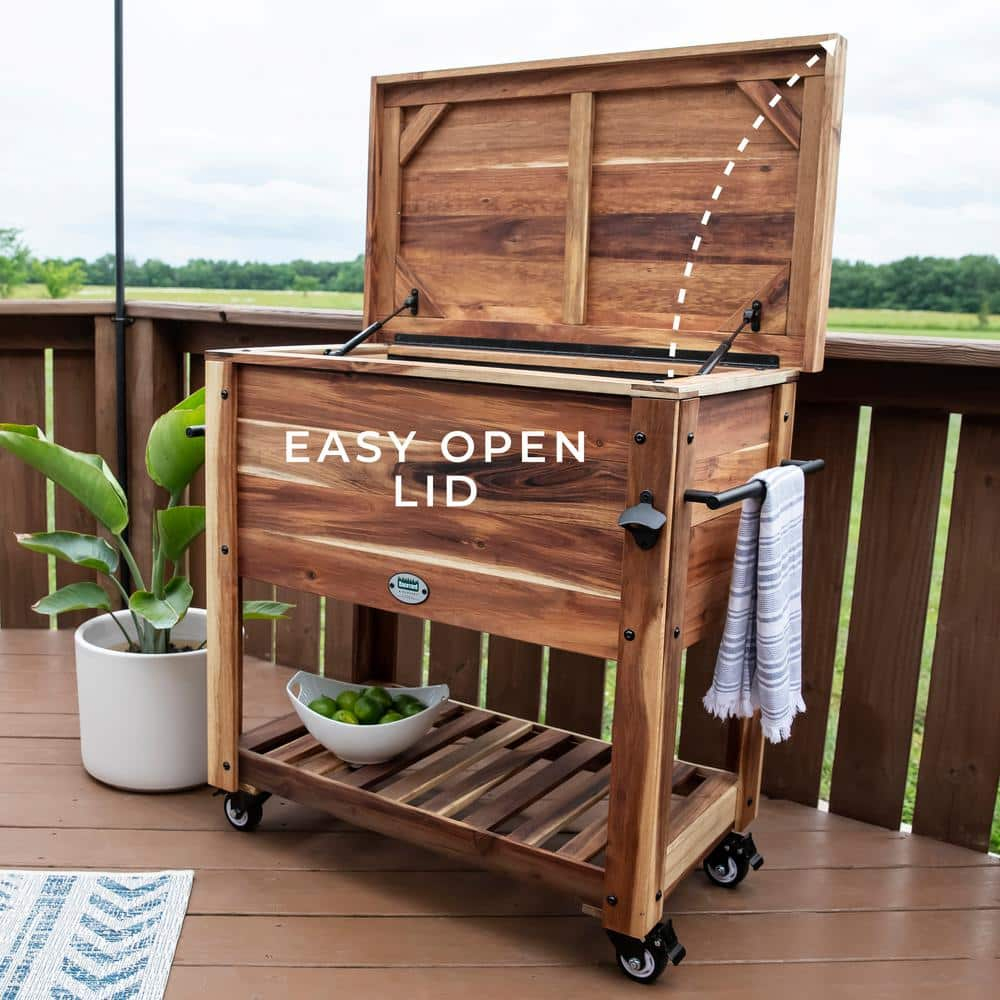 Backyard Discovery 100-Qt Acacia Wood Bar Cart Beverage Cooler, Wheels, Bottle Opener